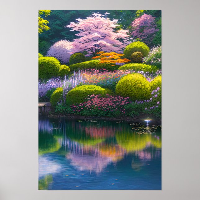 Lush Garden mit Atemberaubendem Sakura Poster (Vorne)