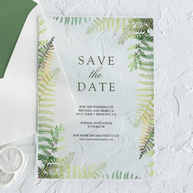 Lush Green Ferns Wedding Save the Date Acryleinladungen (Von Creator hochgeladen)