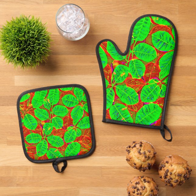 Lush Green Leaf Muster Ofenhandschuh & Topflappen-Set (Oben Unten)