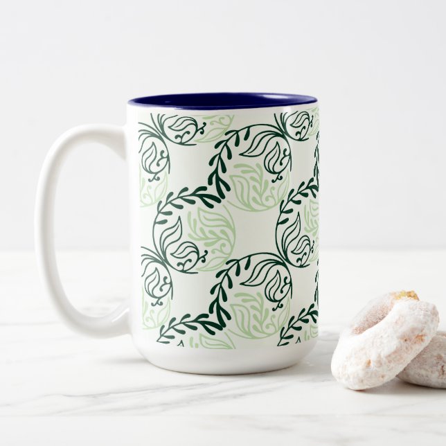 Lush Green Leaves And Vines Pattern Zweifarbige Tasse (Mit Donut)