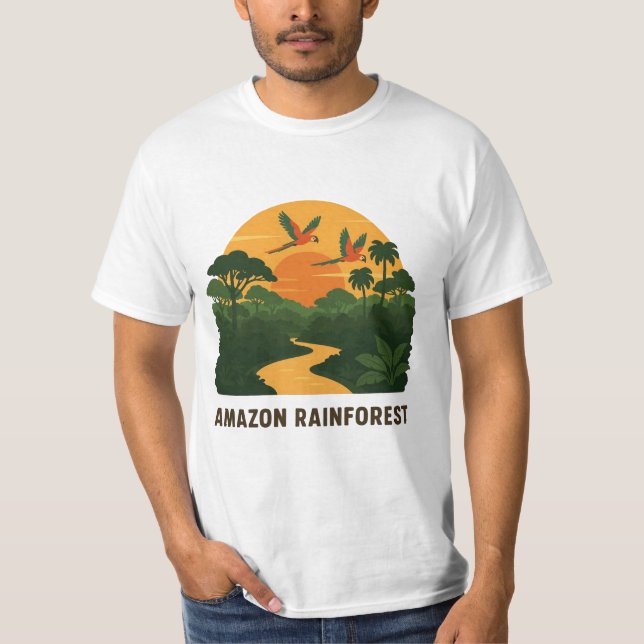Lush Green Retro Vector Amazon Regenwald Sunset T-Shirt (Vorderseite)