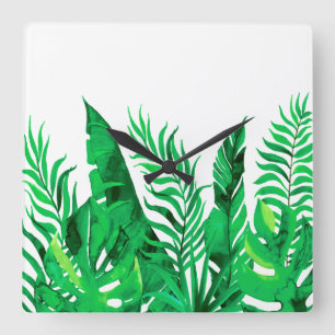 Lush Green - Watercolor Tropical Foliage - Quadratische Wanduhr
