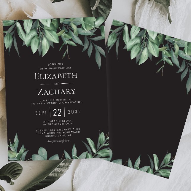 Lush Greenerity Border Black Wedding Einladung (Von Creator hochgeladen)