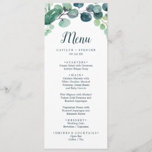 Lush Greenerity und Eucalyptus Wedding Dinner Menu Menükarte