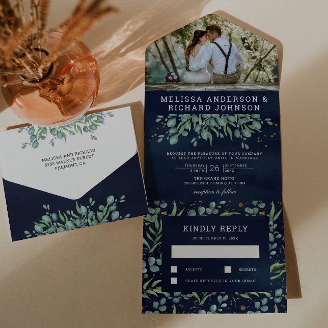Lush Greenery Eucalyptus Blätter Navy Blue Wedding All In One Einladung (Von Creator hochgeladen)