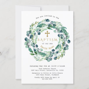 Lush Greenery Eucalyptus Foliage Cross Baptism Einladung