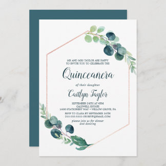 Lush Greenery Rose Gold Geometric Quinceñera Einladung