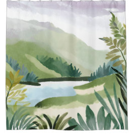 Lush Hillside | Green Watercolor Nature Painting Duschvorhang