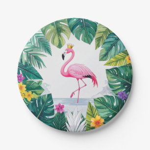 Lush Leafy Elegant Rosa Flamingo Crown Tropical Pappteller