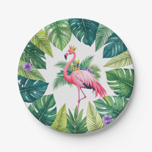 Lush Leafy   Elegant Rosa Flamingo Crown Tropical Pappteller