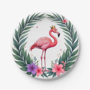 Lush Leafy   Elegant Rosa Flamingo Crown Tropical Pappteller