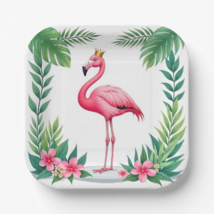 Lush Leafy   Elegant Rosa Flamingo Crown Tropical Pappteller