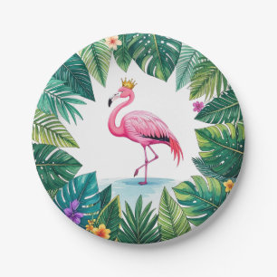 Lush Leafy   Elegant Rosa Flamingo Crown Tropical Pappteller