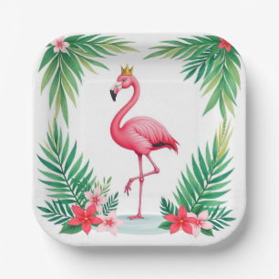 Lush Leafy   Elegant Rosa Flamingo Crown Tropical Pappteller