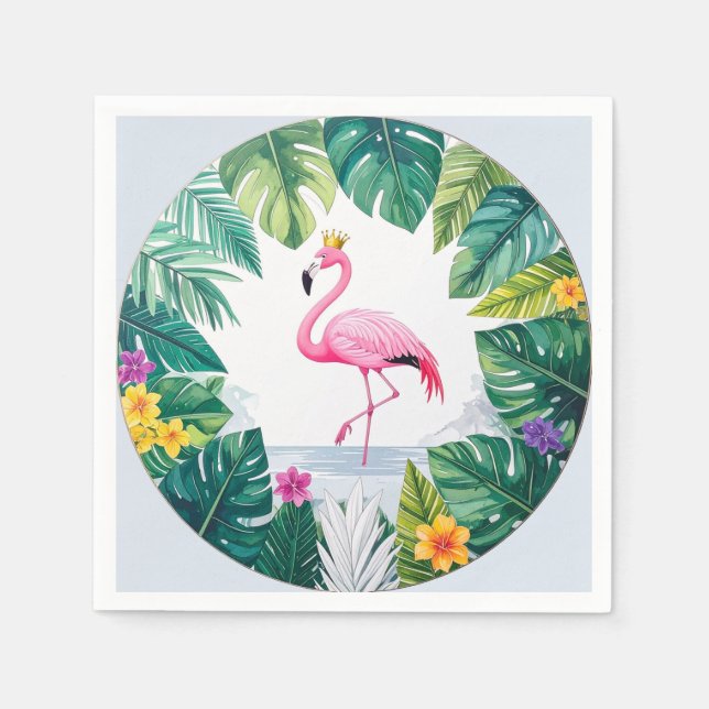 Lush Leafy | Elegant Rosa Flamingo Crown Tropical Serviette (Vorderseite)