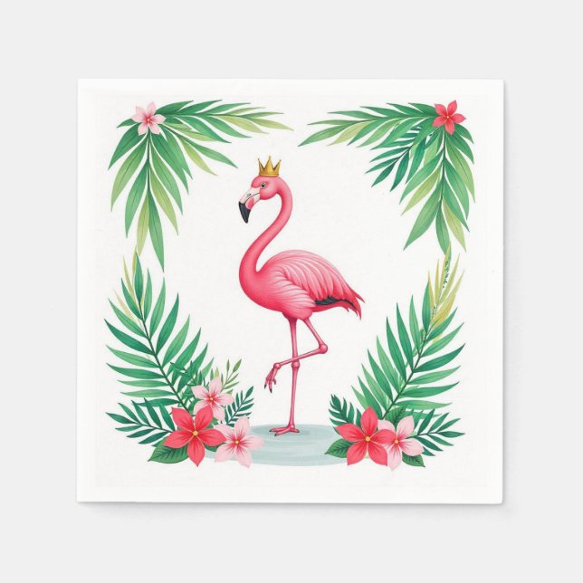 Lush Leafy | Elegant Rosa Flamingo Crown Tropical Serviette (Vorderseite)