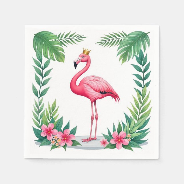 Lush Leafy | Elegant Rosa Flamingo Crown Tropical Serviette (Vorderseite)