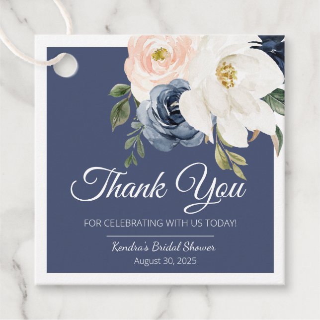 Lush Magnolia Rose Navy Blue & Blush Brautparty Geschenkanhänger (Vorderseite)