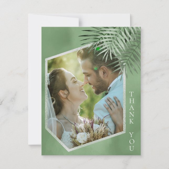 Lush Palm Leaf Wedding Foto Moss Green ID956 Dankeskarte (Vorderseite)