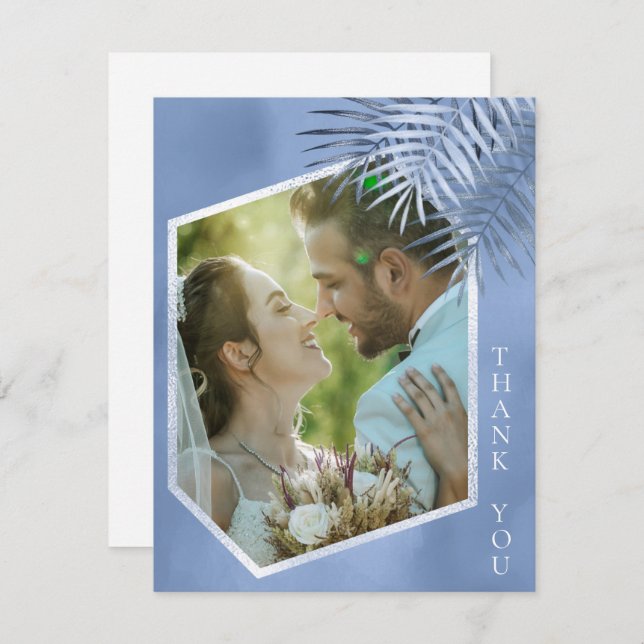 Lush Palm Leaf Wedding Foto Windsor Blue ID956 Dankeskarte (Vorne/Hinten)