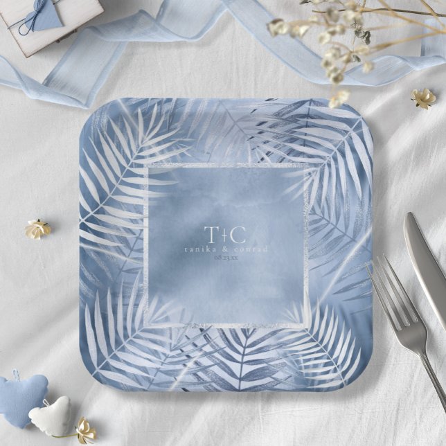 Lush Palm Leaf Wedding Frame Windsor Blue ID956 Pappteller (Von Creator hochgeladen)