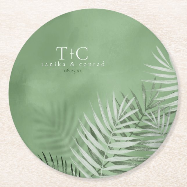 Lush Palm Leaf Wedding Moss Green ID956 Runder Pappuntersetzer (Vorderseite)