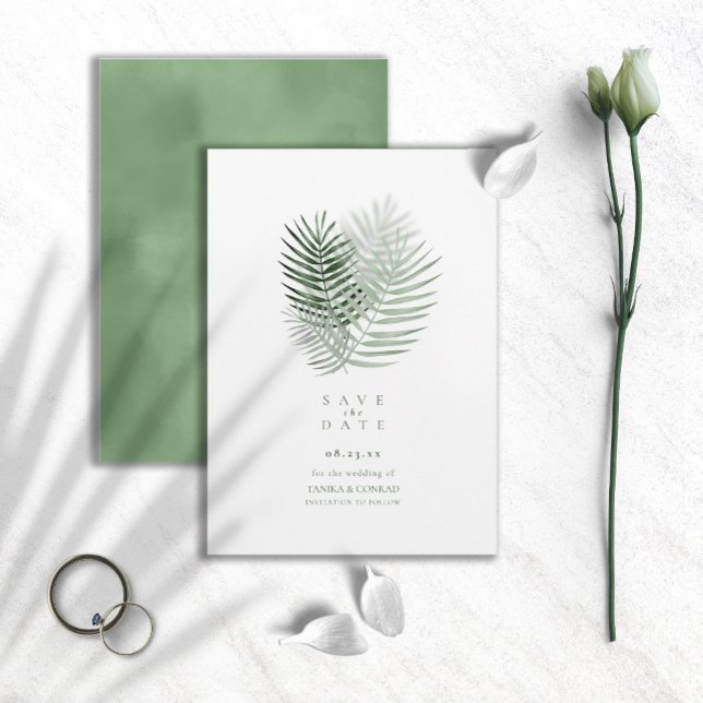 Lush Palm Leaf Wedding Moss Green ID956 Save The Date (Von Creator hochgeladen)