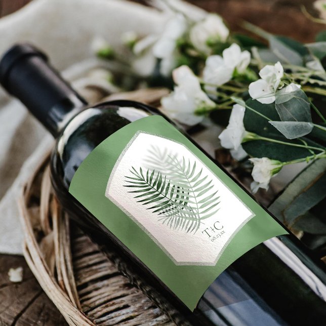 Lush Palm Leaf Wedding Moss Green ID956 Weinetikett (Von Creator hochgeladen)