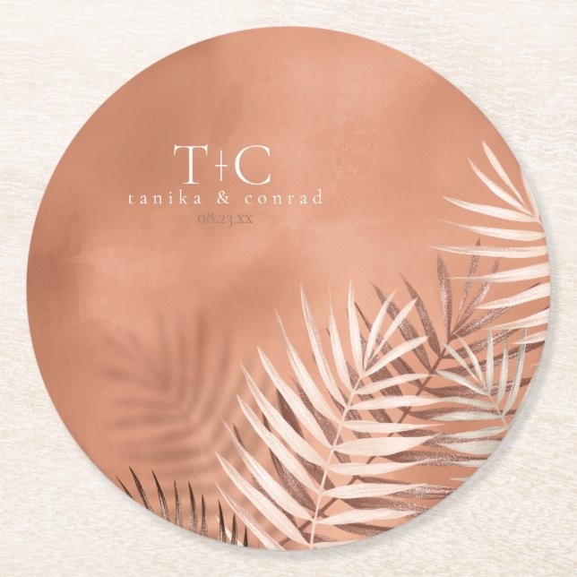 Lush Palm Leaf Wedding Terra Cotta ID956 Runder Pappuntersetzer (Vorderseite)