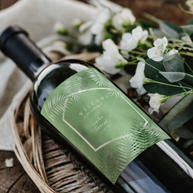 Lush Palm Leaf Wedding Welcome Moss Green ID956 Weinetikett (Von Creator hochgeladen)