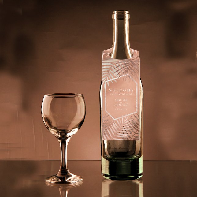 Lush Palm Leaf Wedding Welcome Terra Cotta ID956 Flaschenanhänger (Wine Bottle In Situ)