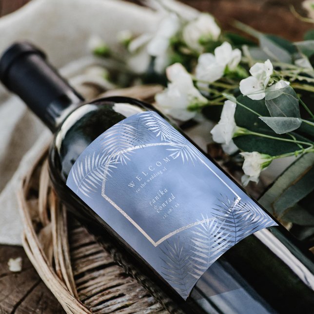 Lush Palm Leaf Wedding Welcome Windsor Blue ID956 Weinetikett (Von Creator hochgeladen)