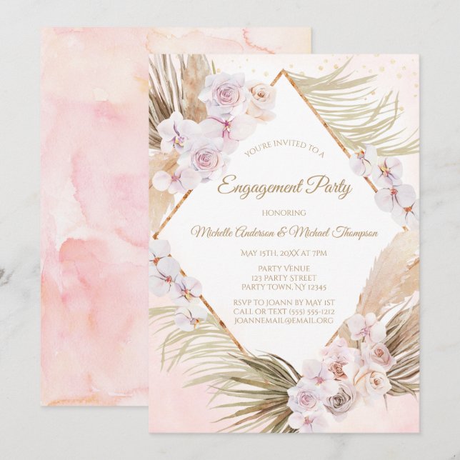 Lush Pink Gold Watercolor Floral Engagement Party Einladung (Vorne/Hinten)