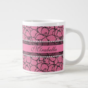 Lush Pink Lilie mit schwarzer Kontur, rosa Glitzer Jumbo-Tasse