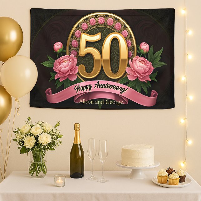 Lush Pink Peonies Gold 50. Hochzeitstag Banner (Von Creator hochgeladen)