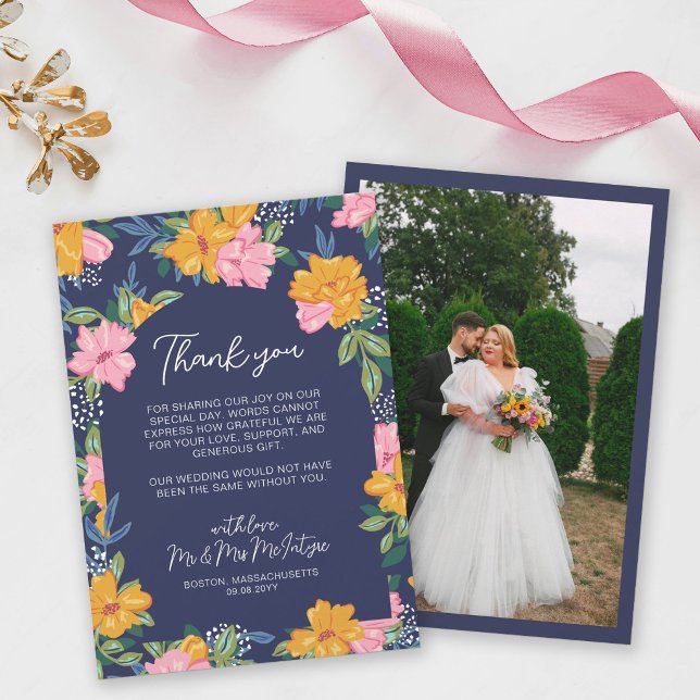 Lush Pink Yellow Flowers Dark Blue Wedding Photo Dankeskarte (Von Creator hochgeladen)