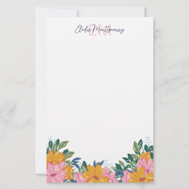 Lush Pink Yellow Flowers Name & Initial Briefpapier (Vorderseite)