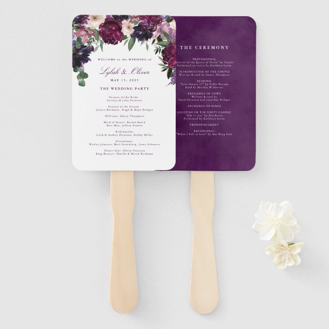 Lush Purple Blumen | Romantisches Hochzeitsprogram Fächer (Vorne und Hinten)