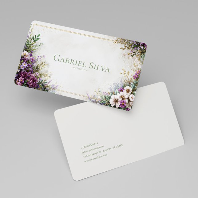 Lush Purple Floral Garden Watercolor Gold Frame Visitenkarte (Von Creator hochgeladen)