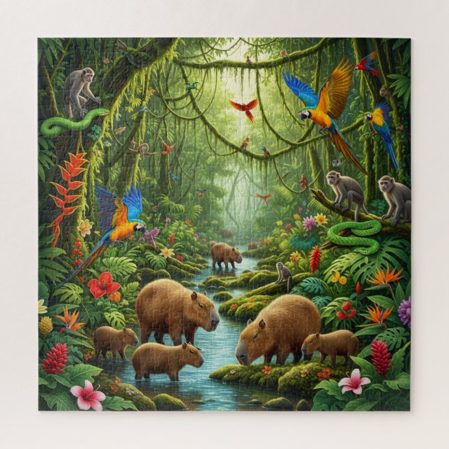 Lush rainforest scene teeming with capybaras puzzle (Vertikal)