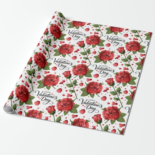 Lush Red Roses with Scattered Heart Petals Pattern Geschenkpapier (Ungerollt)