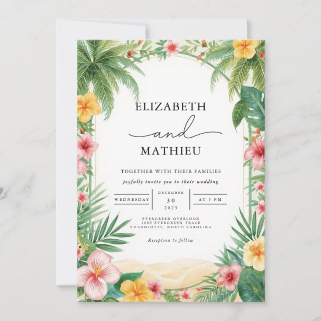 Lush Tropical Arch Bloom Wedding Einladung (Vorderseite)