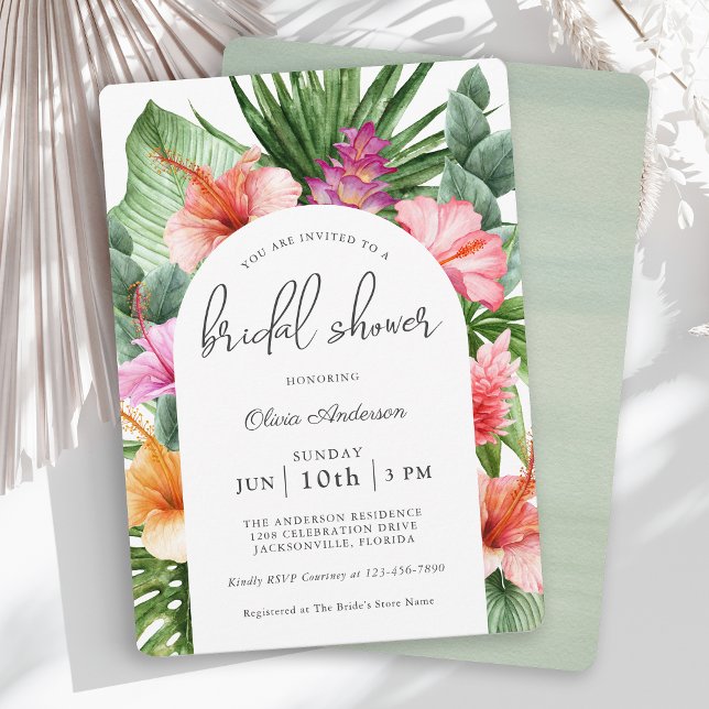 Lush Tropical Floral Brautparty und Luau Einladung (A beautiful tropical bridal shower invitation with a luau theme.)