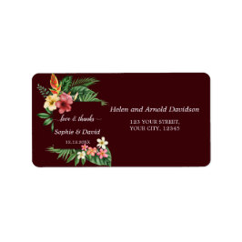 Lush Tropical Garden Flowers Deep Burgundy Wedding Adressaufkleber