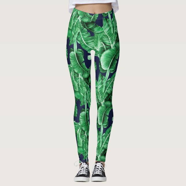 Lush Tropical Green Blätter Muster Leggings (Vorderseite)