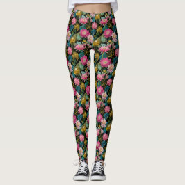 Lush Tropical Leaves Pink Exotic Flowers Botanical Leggings
