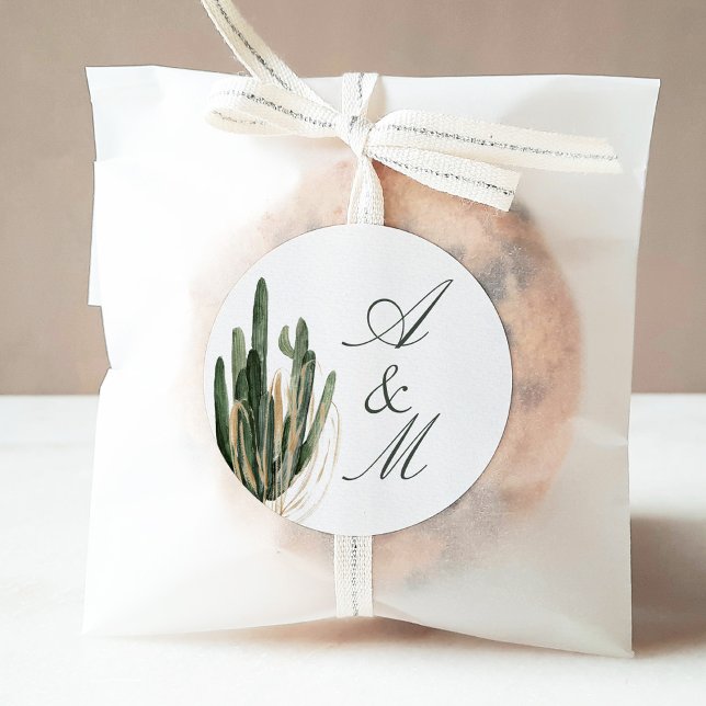 Lush Watercolor Desert Cactus Monogram Runder Aufkleber (Von Creator hochgeladen)