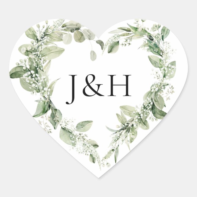 Lush White Blume and Greenery Monogram Wedding Herz-Aufkleber (Vorderseite)