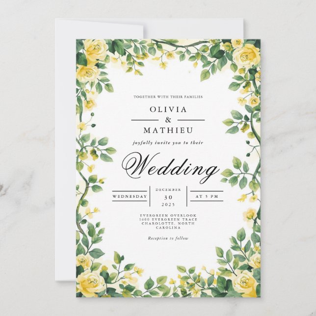 Lush Yellow Botanical Frame Wedding Einladung (Vorderseite)