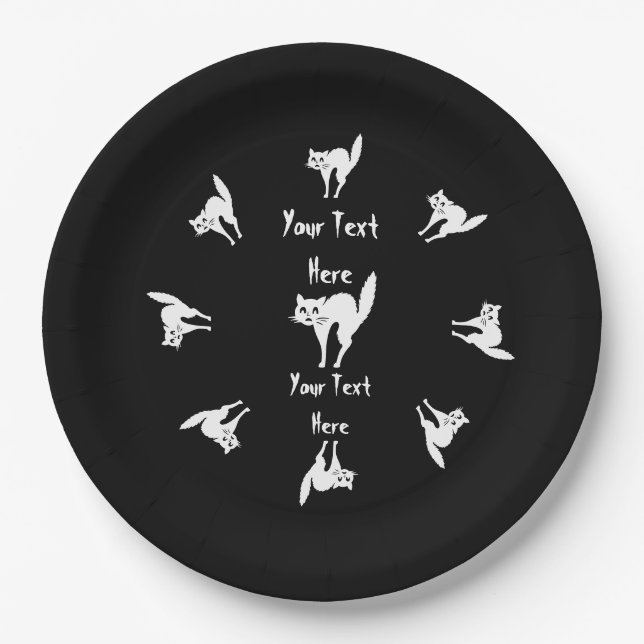 lustig wütende weiße Katze mit gewölbtem Rücken Pappteller (Vorderseite)